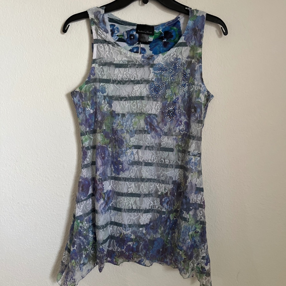 Connected Apparel Floral Lace Tank Top Sheer Overlay Blue Size L Boho